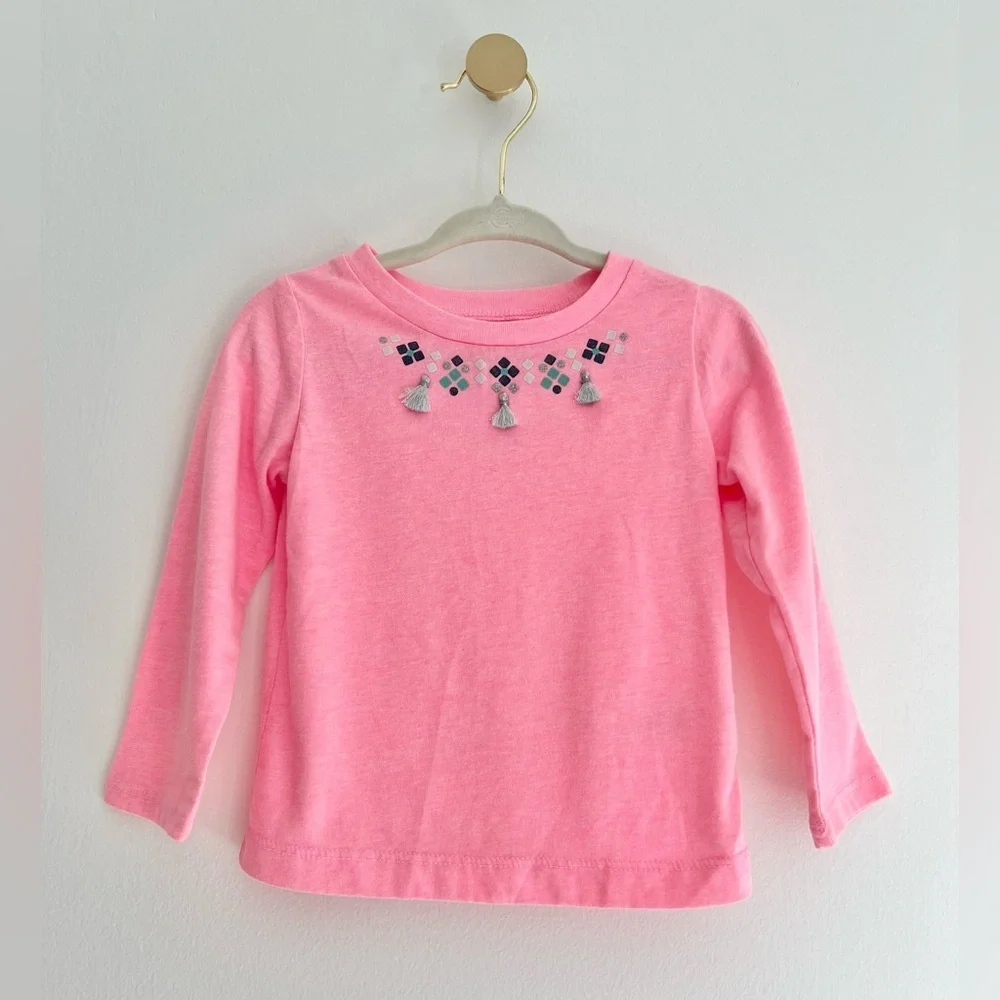 ⚡️4/$20⚡️Carter's Pink Long Sleeve Tee w/ Embroidery & Tassels Baby Girl 18 MTH